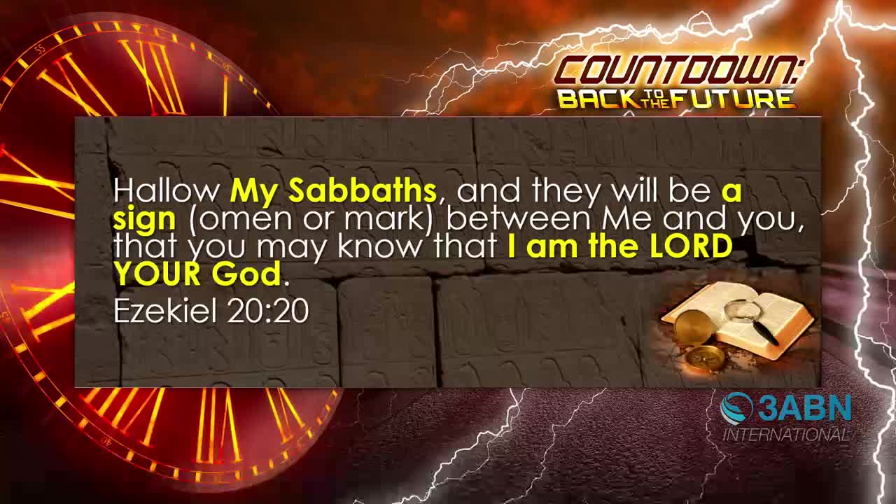 A large clock face with Roman numerals glows behind a textured stone wall displaying scripture. Lightning cracks across the background as the 3ABN International logo appears in the corner.