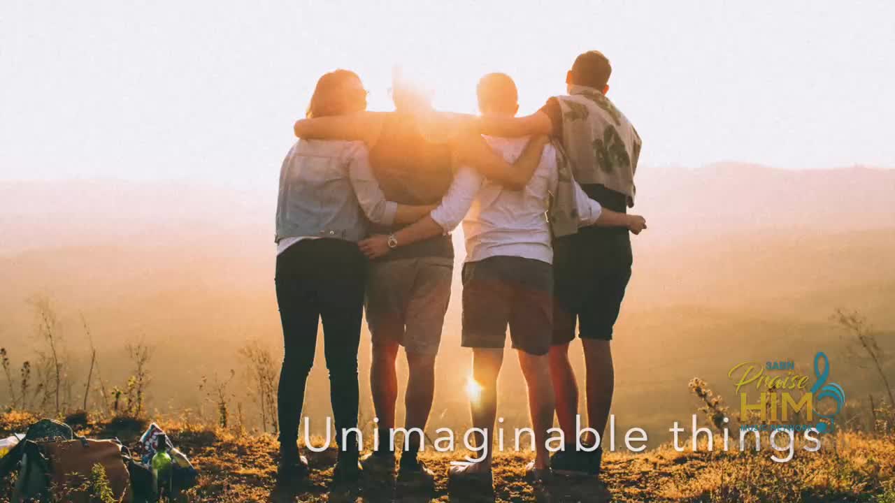 Four friends, arms around each other, stand on a hilltop as the sun sets. The 3ABN Praise Him Music Network logo is visible in the corner.
