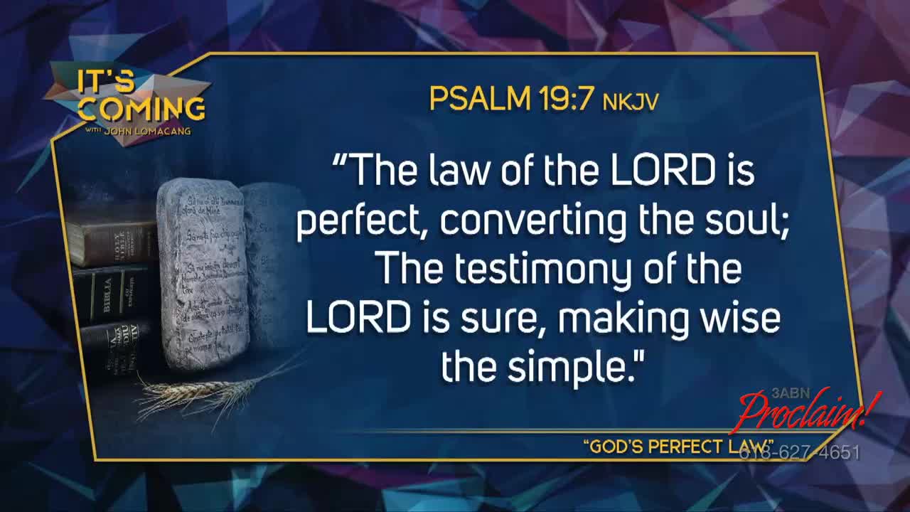 A blue background frames a quote from Psalm 19:7, accompanied by a stone tablet and a stack of books. The 3ABN Proclaim! Network logo is visible in the corner.

