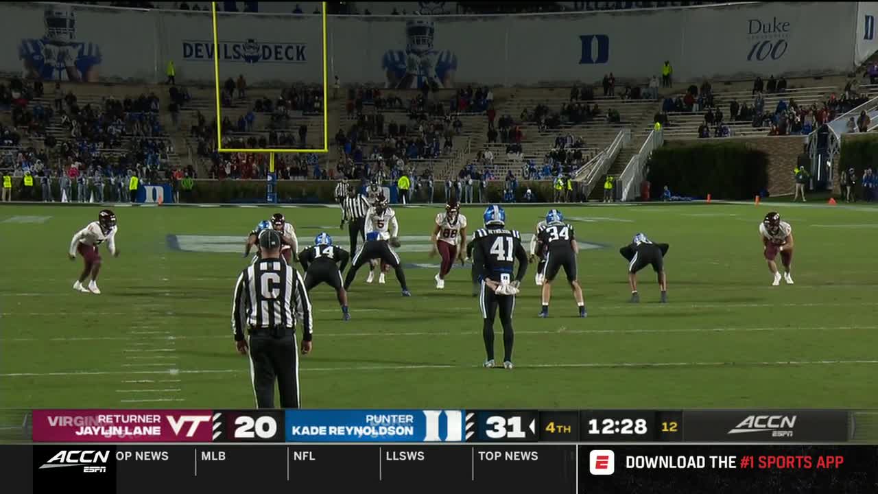 The Virginia Tech returner, in maroon, is sprinting toward the ball, while the Duke players in blue and black prepare to pursue. The ACC Network broadcast shows the score and the clock ticking down in the fourth quarter.
