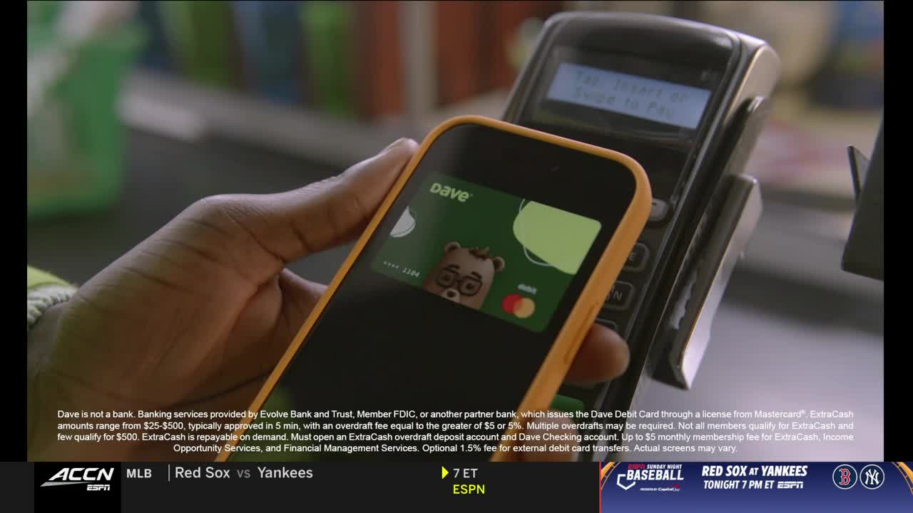 A phone with a "Dave" card is held near a payment terminal. The screen on the terminal reads, "Tap, insert, or swipe to pay."
