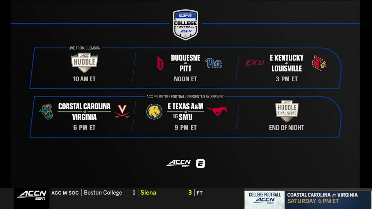 The ACC Network's graphic displays a schedule of college football games, with team logos and times listed.  Coastal Carolina at Virginia is set for 6 PM ET on Saturday.
