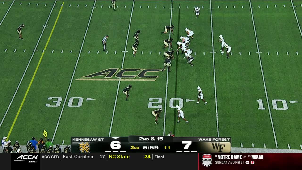 Players in black and gold huddle near the 20-yard line, while the Wake Forest team in white spreads out. The ACC Network is broadcasting the game between Kennesaw State and Wake Forest.
