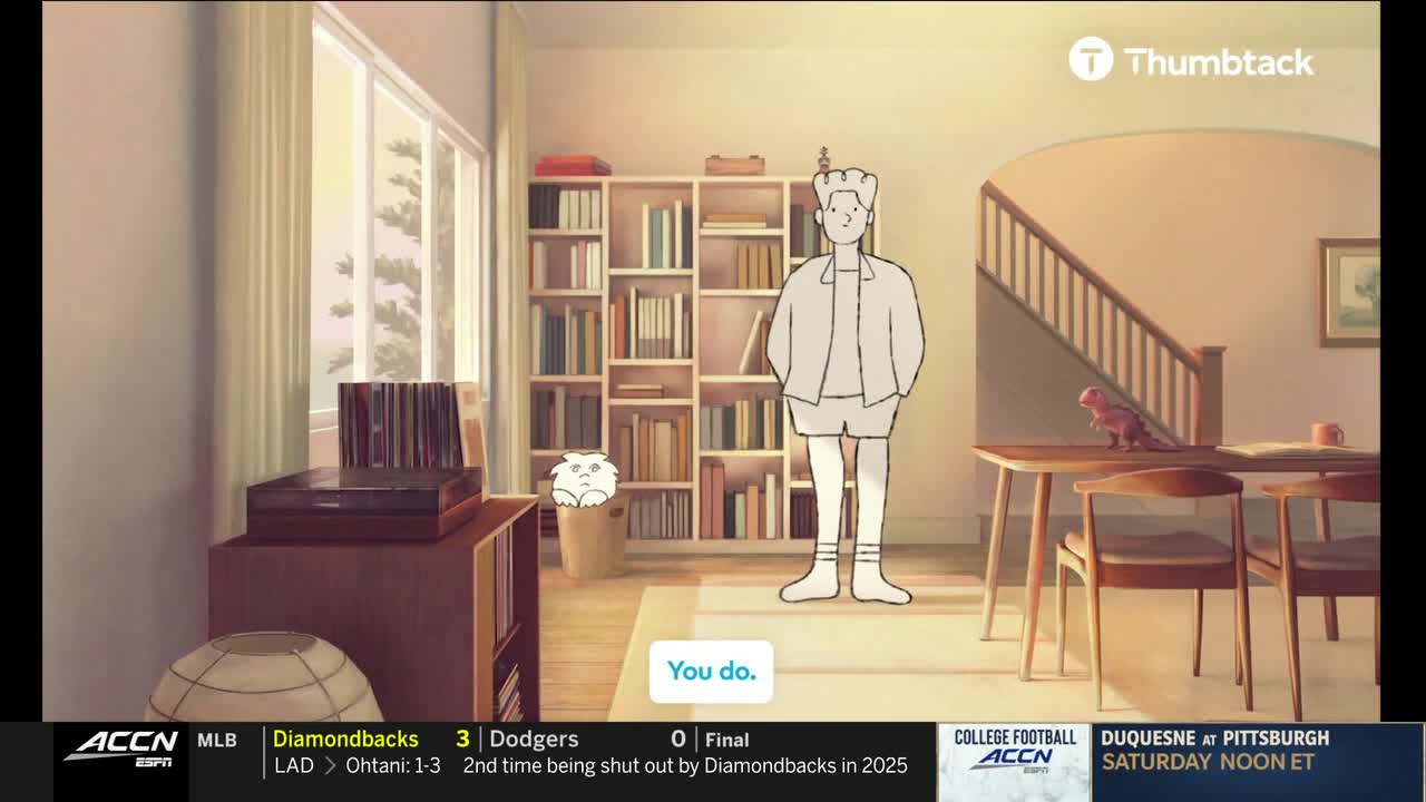 A cartoon figure stands in a sunny living room, next to a bookshelf and a table. A small, fluffy creature peeks out of a wastebasket, while the ACC Network logo sits at the bottom of the screen.
