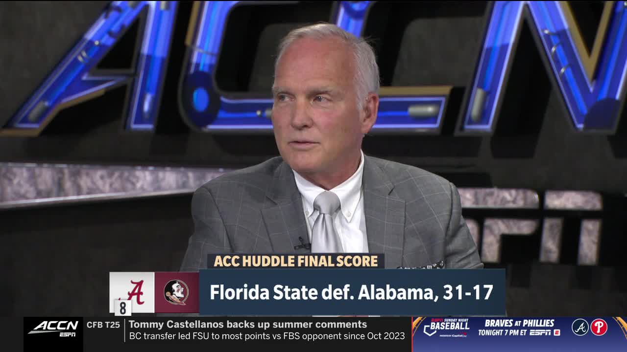 A man in a gray suit is speaking on the ACC Network. The final score of a Florida State versus Alabama game is displayed on the screen.

