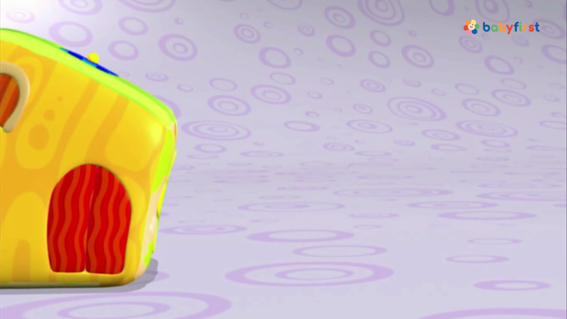 A colorful, rounded house sits on the left, its red doorway inviting. The background is a soft purple, patterned with concentric circles.
