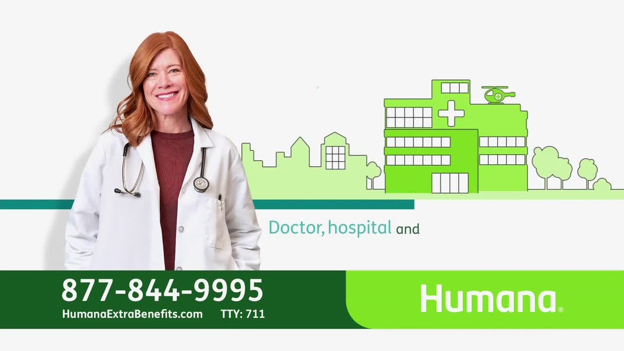 A smiling woman in a white coat and stethoscope stands next to a stylized hospital graphic. Below, a phone number and the Humana logo are displayed on a green bar.
