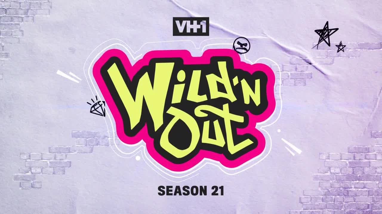 The "Wild 'N Out" logo, in bright yellow and pink, pops against a textured, light purple background. "Season 21" sits below the logo, and the VH1 logo is at the top.
