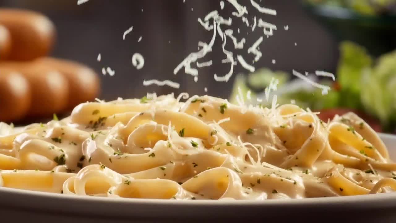 Thin, white strands of cheese are falling onto a creamy pasta dish. The pasta is garnished with flecks of green herbs.
