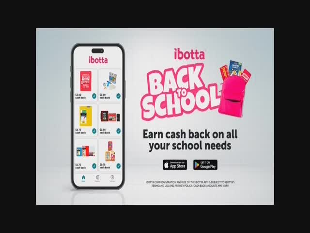 A smartphone displays the Ibotta app, advertising cash back offers for back-to-school shopping. A bright pink backpack and the words "Back to School" are also featured in the advertisement.
