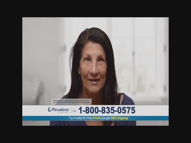 A woman with long, dark hair is speaking directly to the camera. Below her, a Plexaderm skincare advertisement flashes with a phone number and offer.
