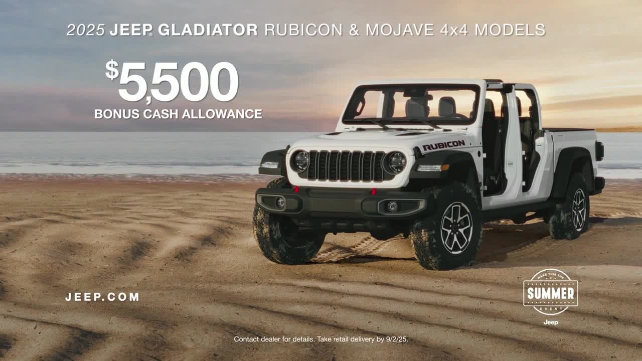 A white Jeep Gladiator sits on a sandy beach, its doors open. The ad highlights a bonus cash allowance for the 2025 models.
