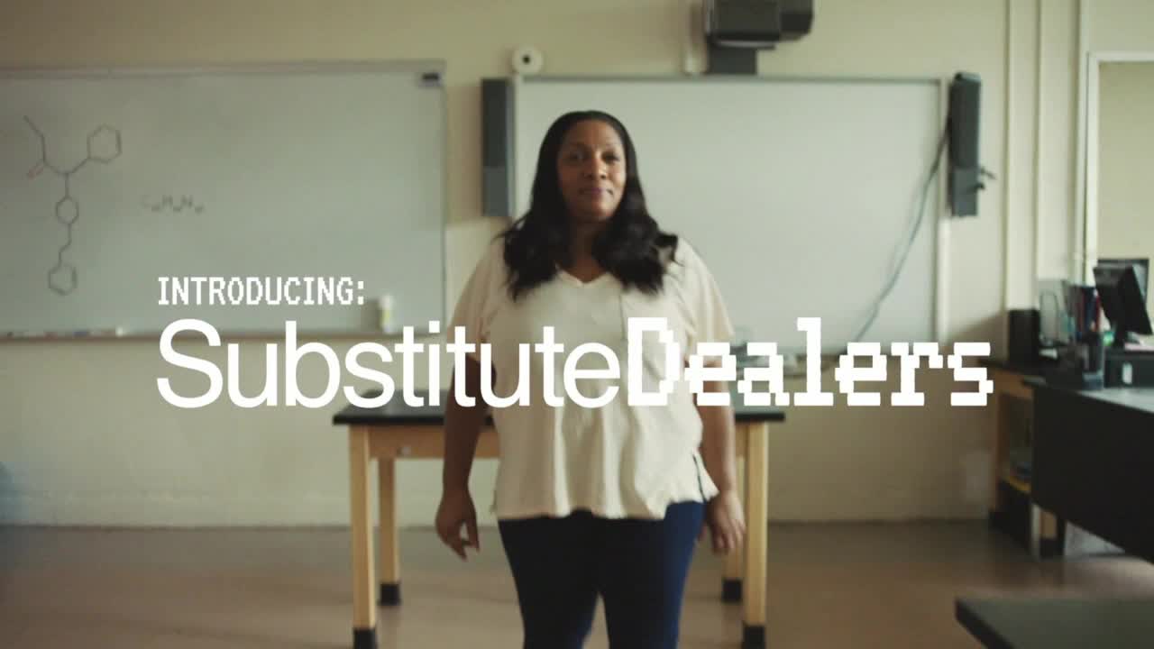 A woman stands in a classroom, smiling directly at the camera. The words "INTRODUCING: SubstituteDealers" are superimposed in large, white letters over her.
