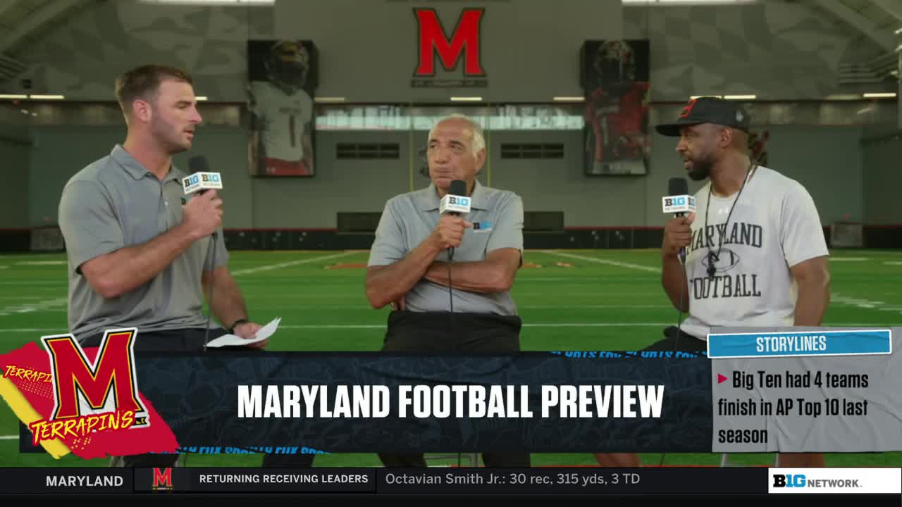 Three men, each holding a microphone, are discussing Maryland football on the Big Ten Network. The backdrop is a football field, and a graphic announces the preview.

