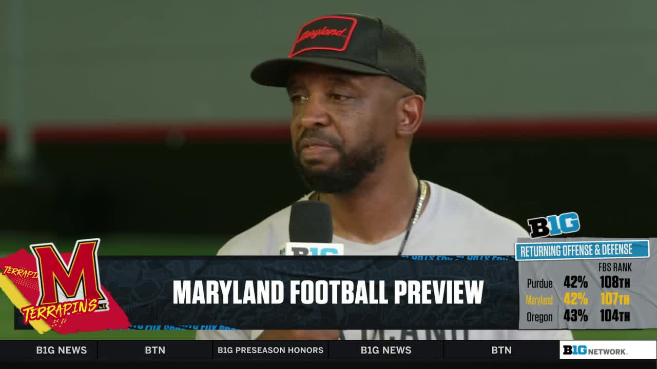 A man in a Maryland cap speaks into a microphone, his expression thoughtful. The Big Ten Network graphic displays a preview for Maryland football, with returning offense and defense statistics.
