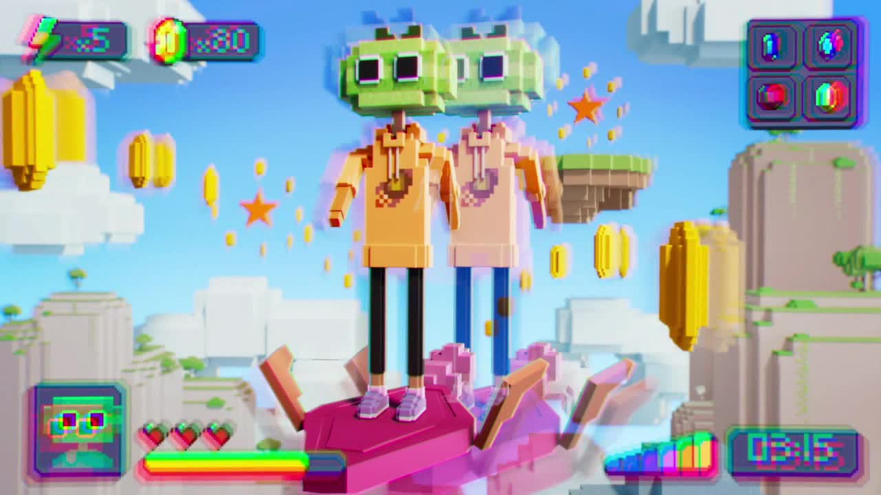 Two blocky figures in hoodies stand on a pink platform, floating in a pixelated sky. They're surrounded by floating coins and stars, with a timer ticking down in the corner.

