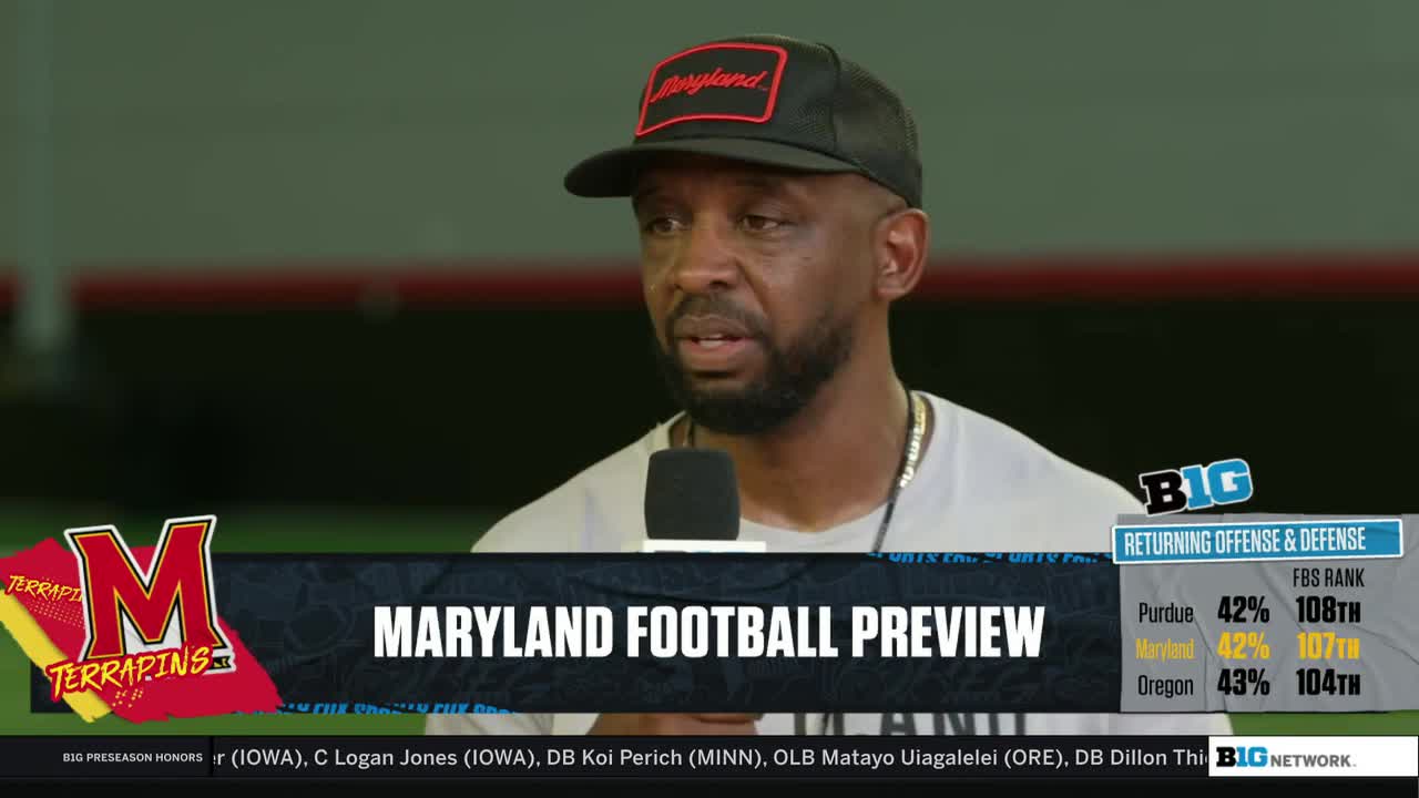 A man in a Maryland hat is speaking into a microphone. The Big Ten Network graphic displays a "Maryland Football Preview" with team stats.
