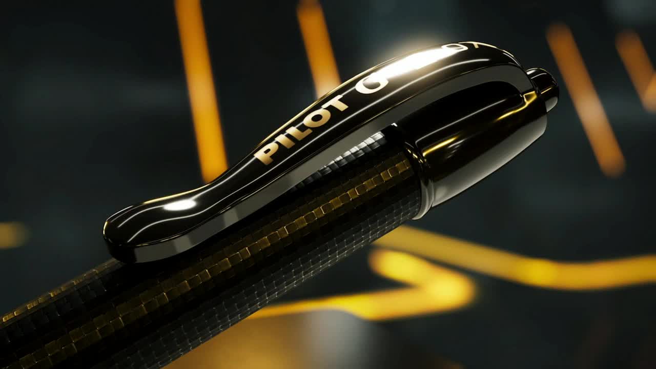 The Pilot G2 pen's clip shines, reflecting light across its glossy black surface. The gold lettering of "PILOT G2" stands out against the dark background.
