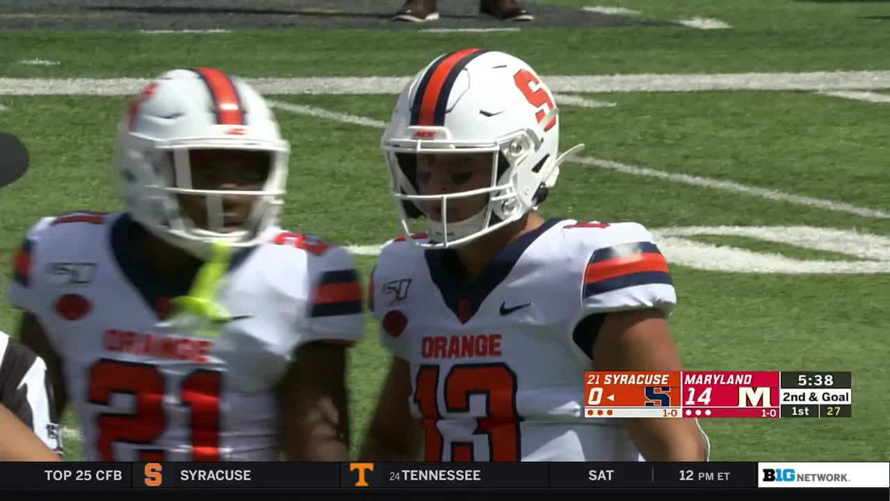 Two Syracuse players, wearing white helmets with orange stripes, stand on the field. The scoreboard shows Maryland leading, and the game is being broadcast on the Big Ten Network.
