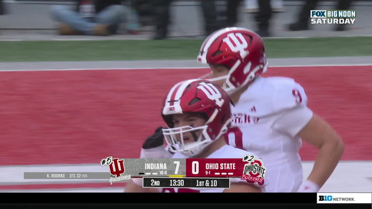 Two Indiana players in white jerseys and red helmets celebrate on the field, the score displayed on the Big Ten Network screen. The scoreboard shows Indiana leading Ohio State 7-0 in the second quarter.
