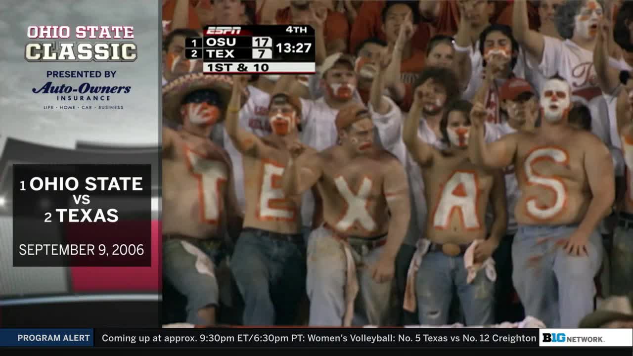 Fans with painted faces and letters on their chests cheer wildly. The scoreboard shows Ohio State leading Texas in the fourth quarter of a game broadcast on ESPN.
