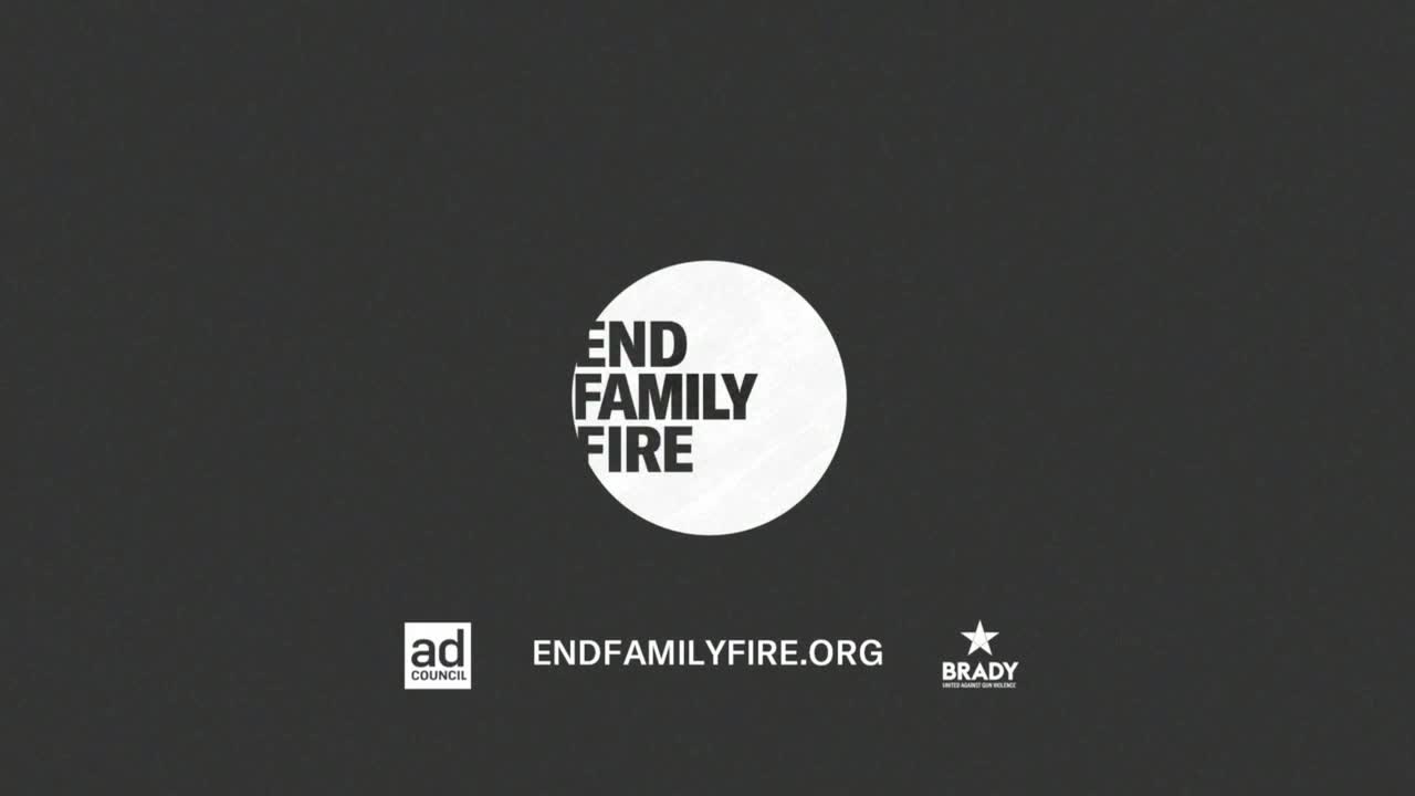 A stark black screen displays a white circle with the words "END FAMILY FIRE" in bold, centered text. Below, the Ad Council and Brady Campaign logos are visible, along with a website address.
