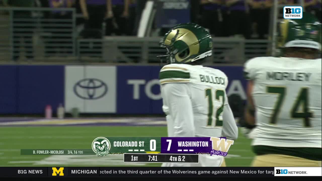 A Colorado State player in a green and gold helmet and jersey, number 12, is walking toward the sideline. The scoreboard on the Big Ten Network shows Washington leading 7-0 in the first quarter.

