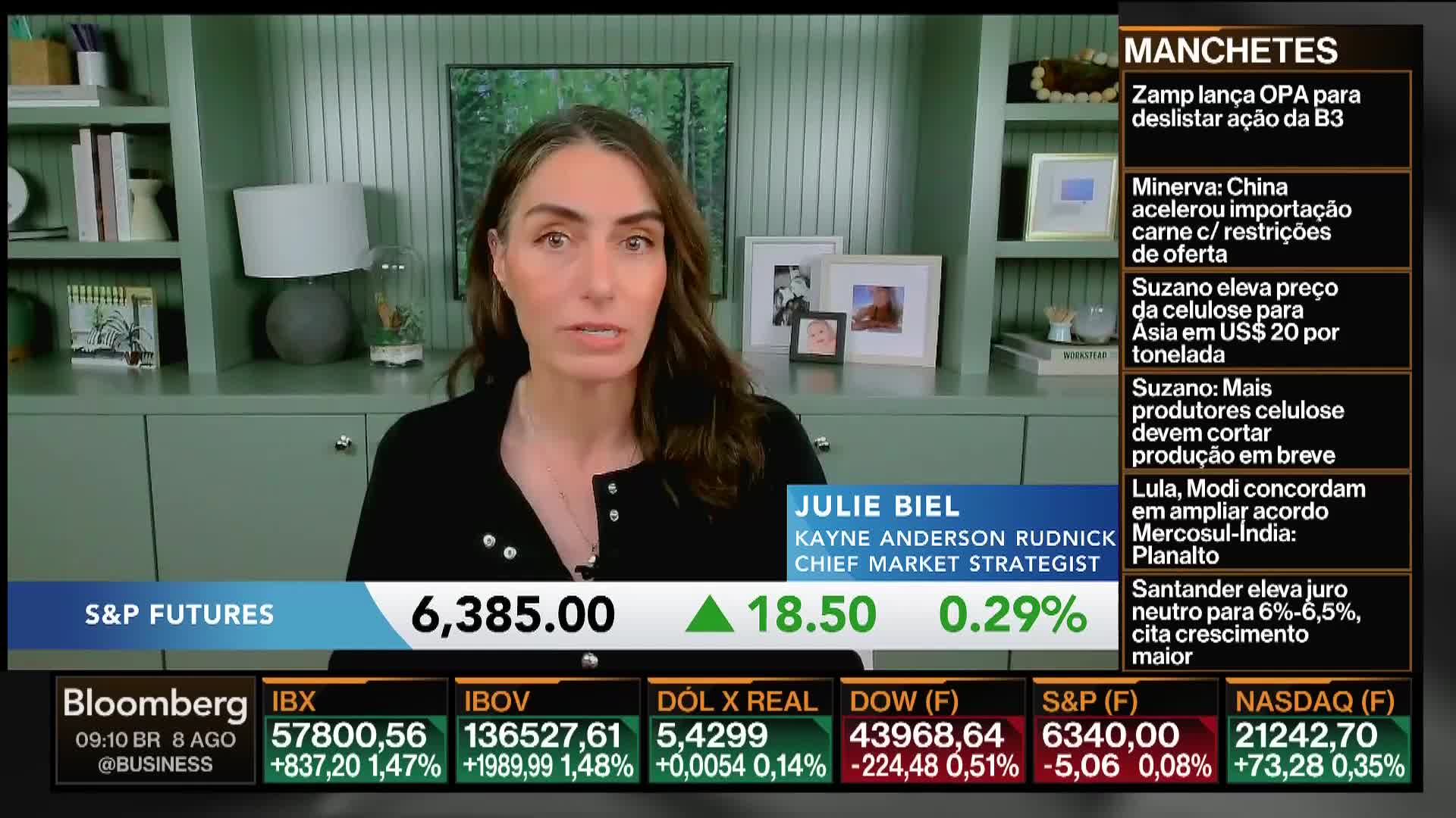 Julie Biel, a chief market strategist, speaks on Bloomberg TV from a home studio in the United States. The S&P Futures ticker and other financial data are displayed below her.
