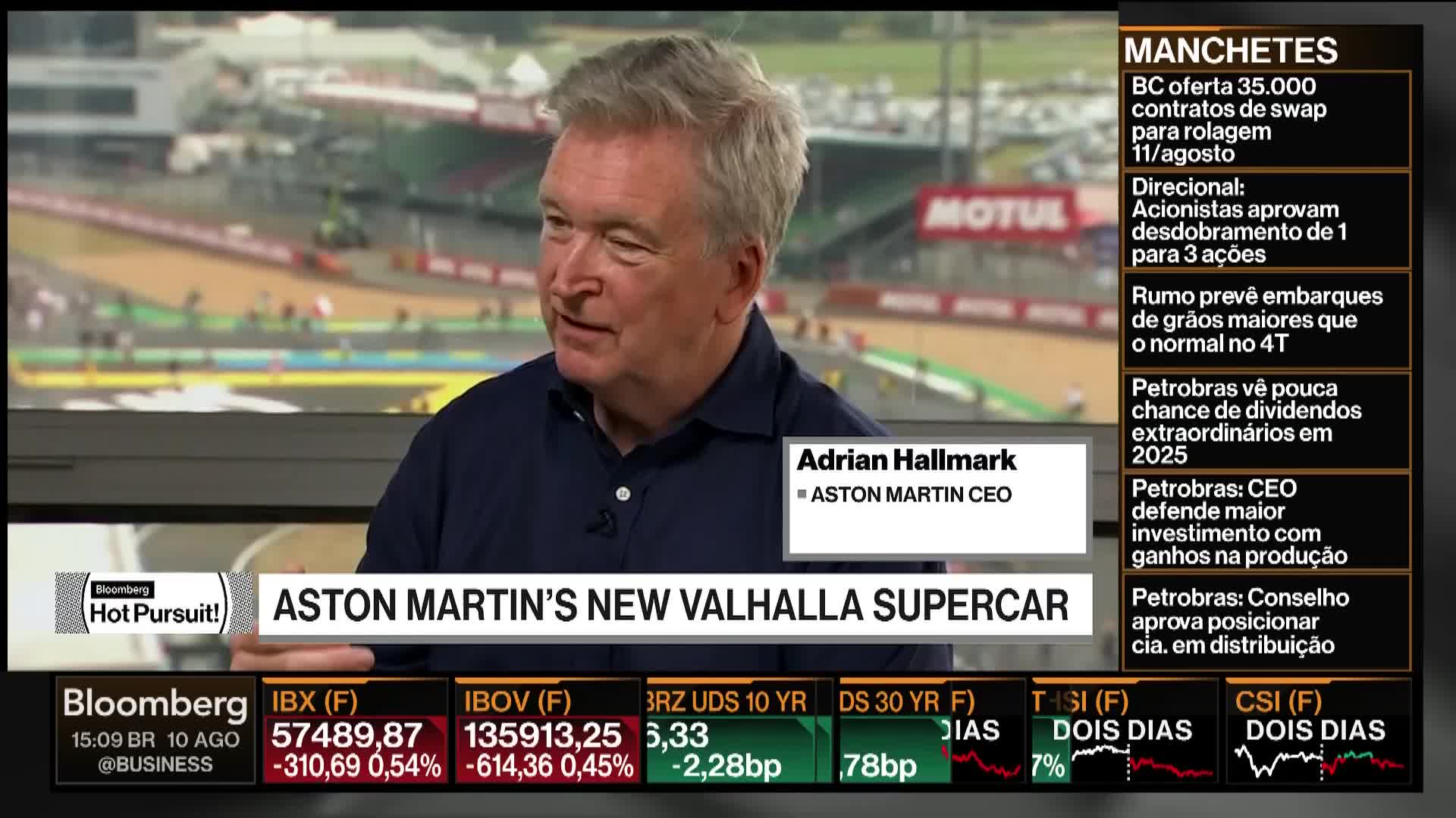Adrian Hallmark, Aston Martin's CEO, is speaking on Bloomberg TV, in front of a backdrop of a racetrack. A ticker of financial news scrolls along the bottom of the screen.
