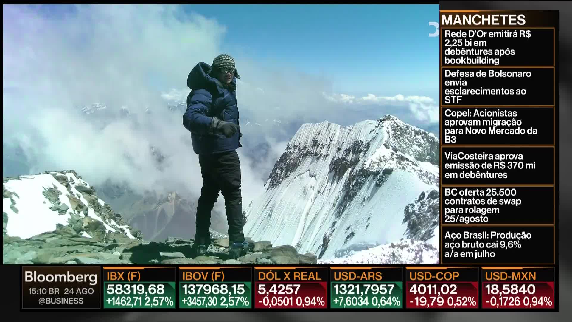 A man in a winter coat and hat stands on a rocky peak, gazing out over a snowy mountain range. The Bloomberg TV graphic in the corner displays stock market data and news headlines.
