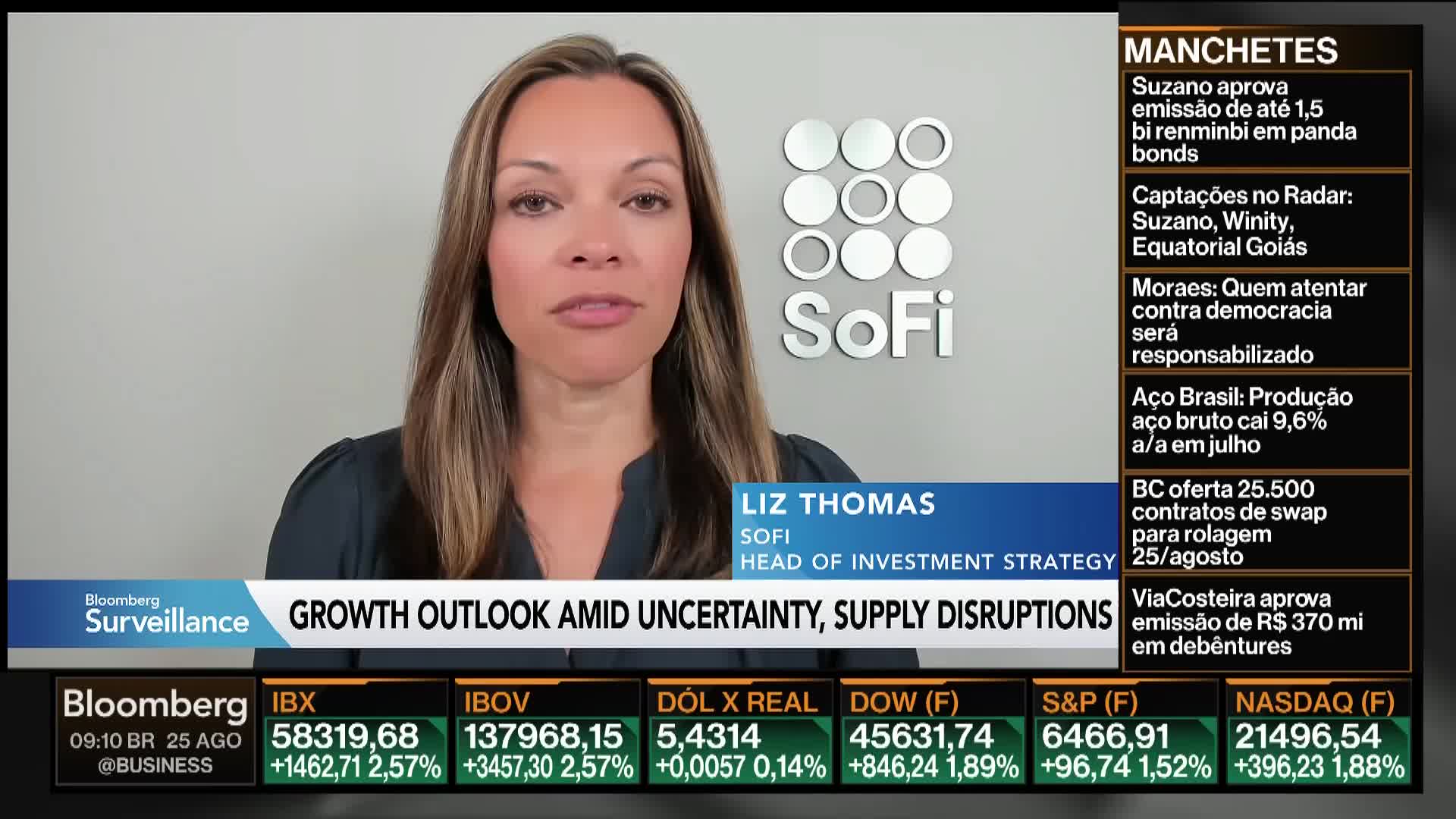 Liz Thomas, Head of Investment Strategy for SoFi, is speaking on Bloomberg TV, with financial data and news headlines displayed on the screen. The broadcast is originating from Brazil, as indicated by the time and currency listings.
