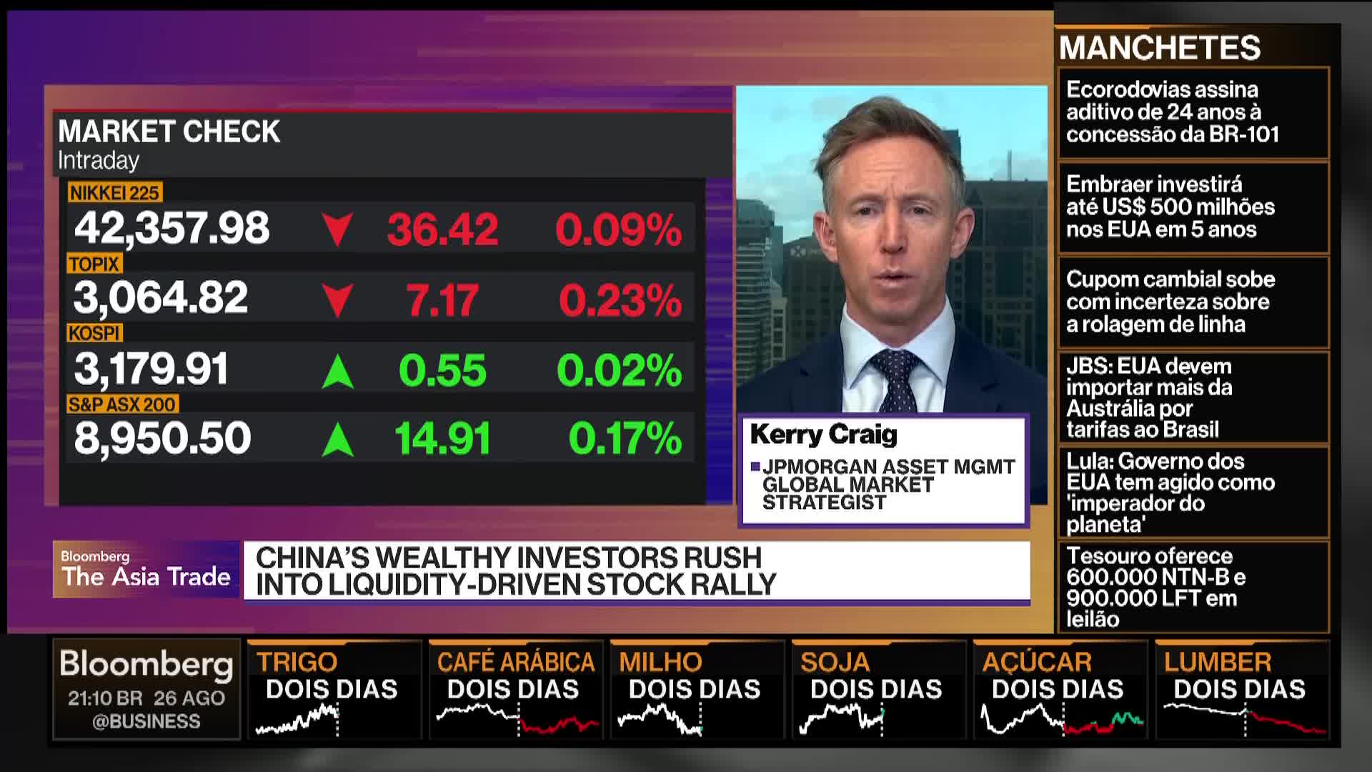 A man in a suit, identified as a JPMorgan strategist, speaks on Bloomberg TV. Below him, market data flashes, with numbers and percentages indicating stock performance.
