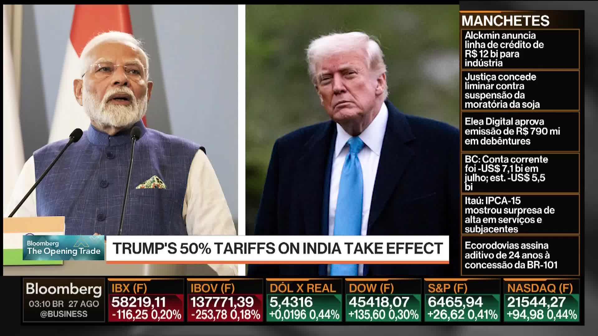 On Bloomberg TV, images of Donald Trump and Narendra Modi flank a headline about tariffs. Below, market data and news headlines scroll across the screen.
