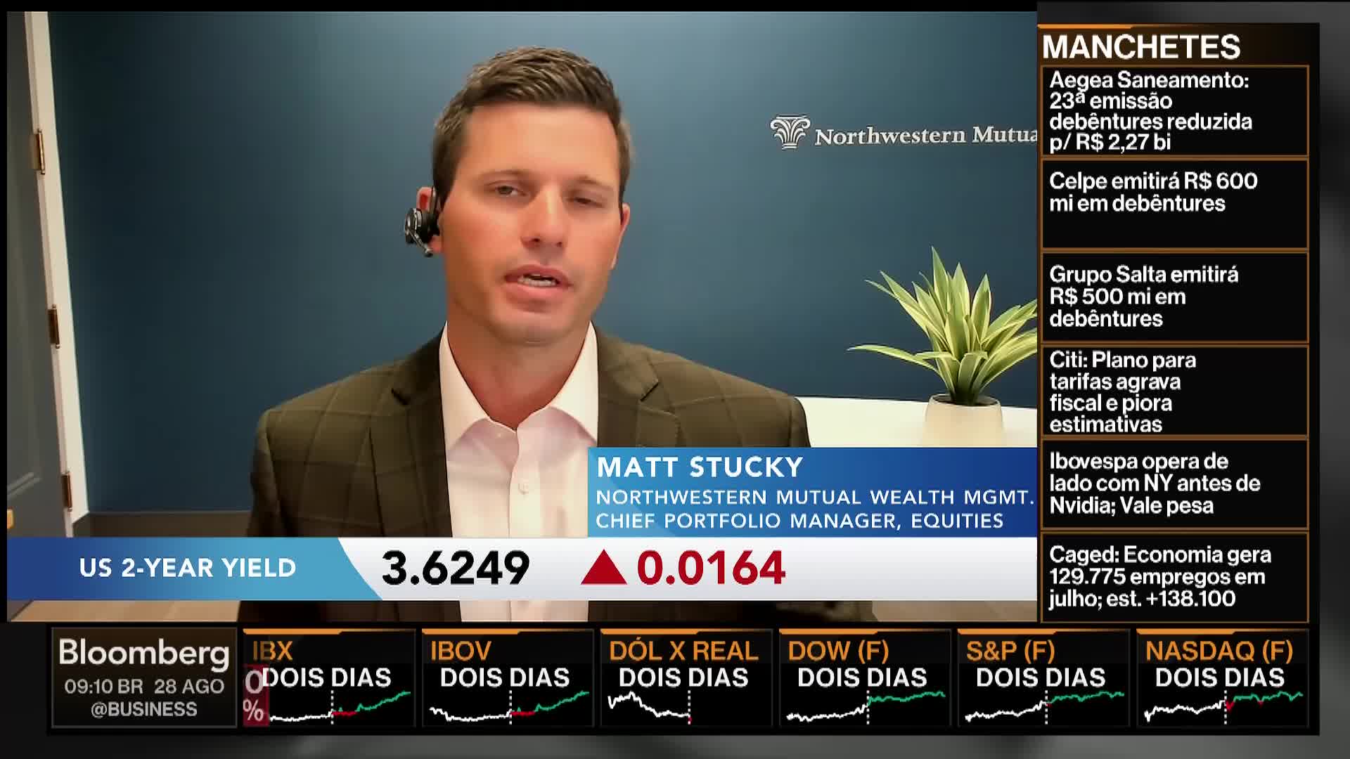 A man in a blazer, identified as Matt Stucky, is speaking on Bloomberg TV, a headset clipped to his ear. Below him, the US 2-Year Yield is displayed, along with other financial data.
