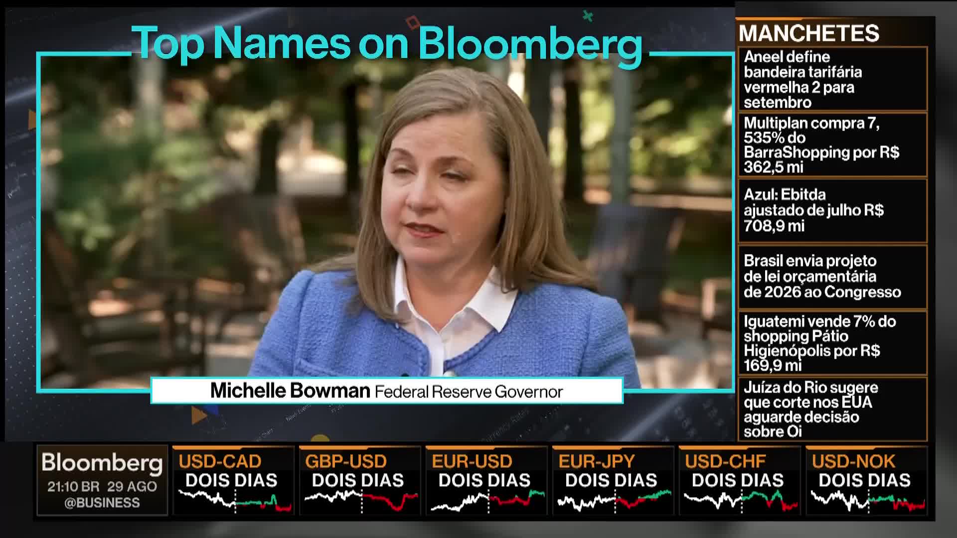 Michelle Bowman, identified as a Federal Reserve Governor, is speaking on Bloomberg TV. Behind her, a blurred outdoor setting provides the backdrop while the screen displays financial news and headlines.
