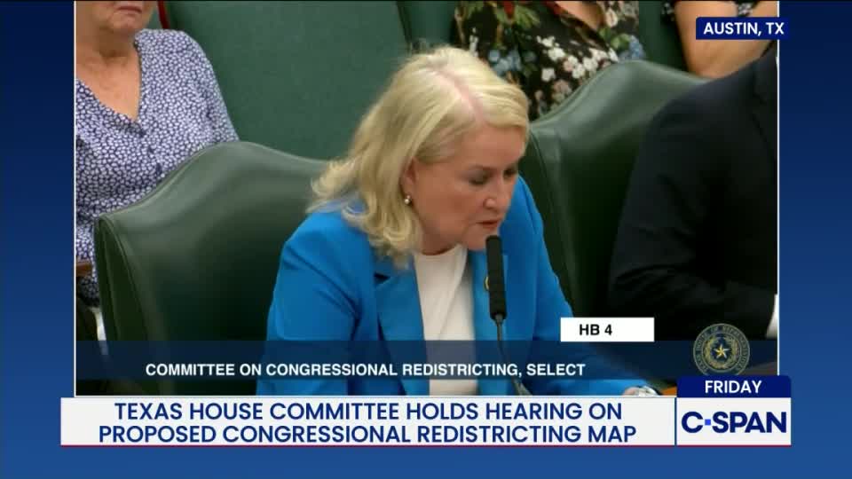 A woman in a blue blazer speaks into a microphone, her gaze fixed on something out of view. The C-SPAN graphic indicates the Texas House Committee is in session, discussing congressional redistricting.
