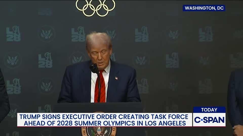 The former United States President, speaking at a podium, addresses the audience. The C-SPAN logo is visible, and the backdrop features the LA 28 Olympics logo.
