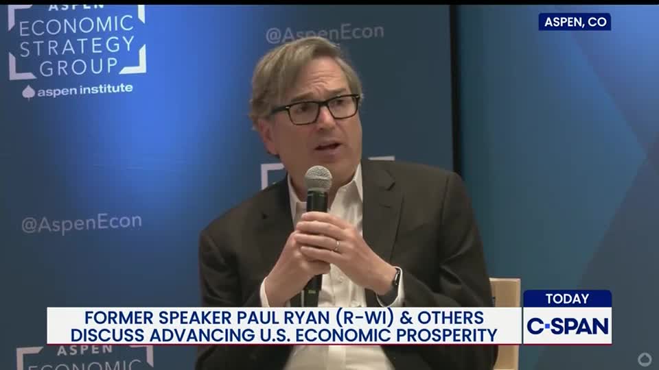 Paul Ryan, holding a microphone, is speaking at a panel discussion in Aspen, Colorado, broadcast on C-SPAN. The screen displays the Aspen Economic Strategy Group logo and the topic of advancing U.S. economic prosperity.
