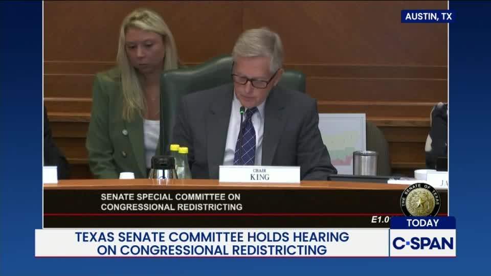 A man in a suit, identified as Chair King, speaks into a microphone at a hearing in Austin, Texas. C-SPAN is broadcasting the Texas Senate Committee's discussion on congressional redistricting.
