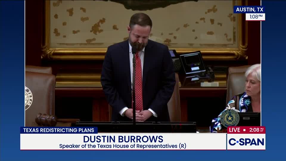 Dustin Burrows, Speaker of the Texas House, stands at a podium with his hands clasped. He is speaking, and the scene is being broadcast live on C-SPAN.
