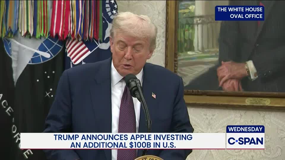 The former president stands at a podium in the Oval Office, speaking into a microphone. A C-SPAN graphic at the bottom of the screen announces the news about Apple's investment in the United States.
