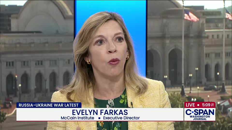 Evelyn Farkas, an executive director, is speaking on C-SPAN about the Russia-Ukraine war. Behind her, the U.S. Capitol building is visible, and the broadcast is live.
