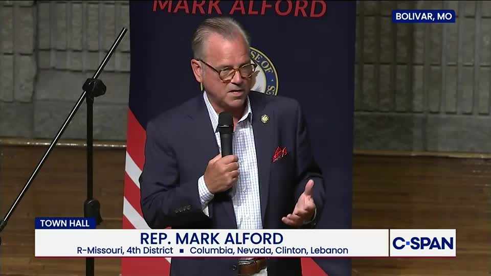 A man in a navy blazer speaks into a microphone, gesturing with his hands. C-SPAN's logo is visible, and the screen identifies him as Representative Mark Alford from Missouri.
