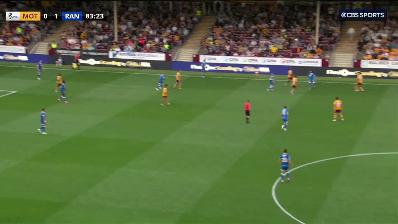 The players in blue and gold are spread across the pitch, waiting for the next play. The referee stands in the center, watching the action unfold on CBS Sports Network USA.
