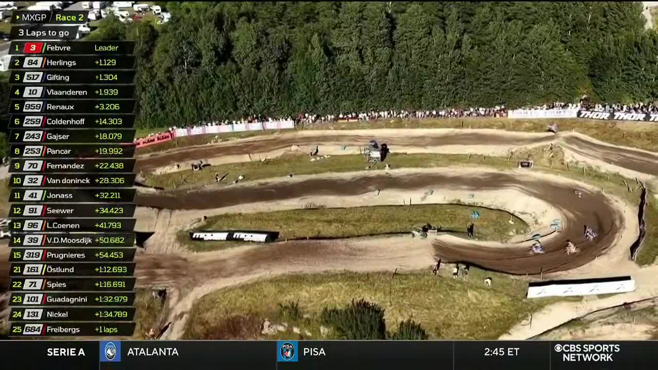 A handful of riders are navigating a sweeping dirt turn, kicking up dust as they lean into the curve. The CBS Sports Network USA broadcast shows the race standings with three laps remaining.
