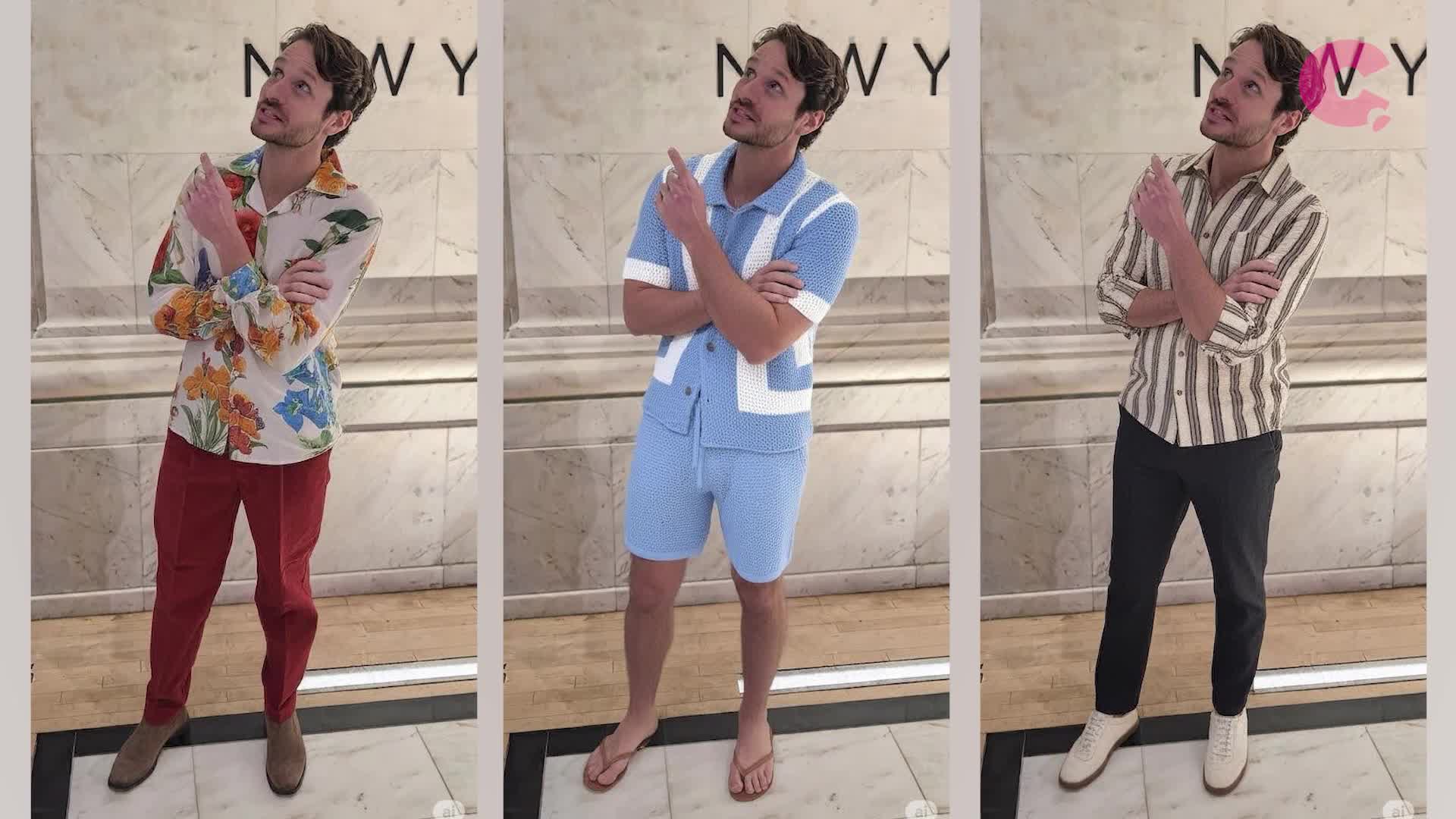 A man in different outfits stands in front of a wall, each time pointing up with a finger. He's wearing a floral shirt and red pants in the first shot, a blue knit set in the second, and a striped shirt with black pants in the last.
