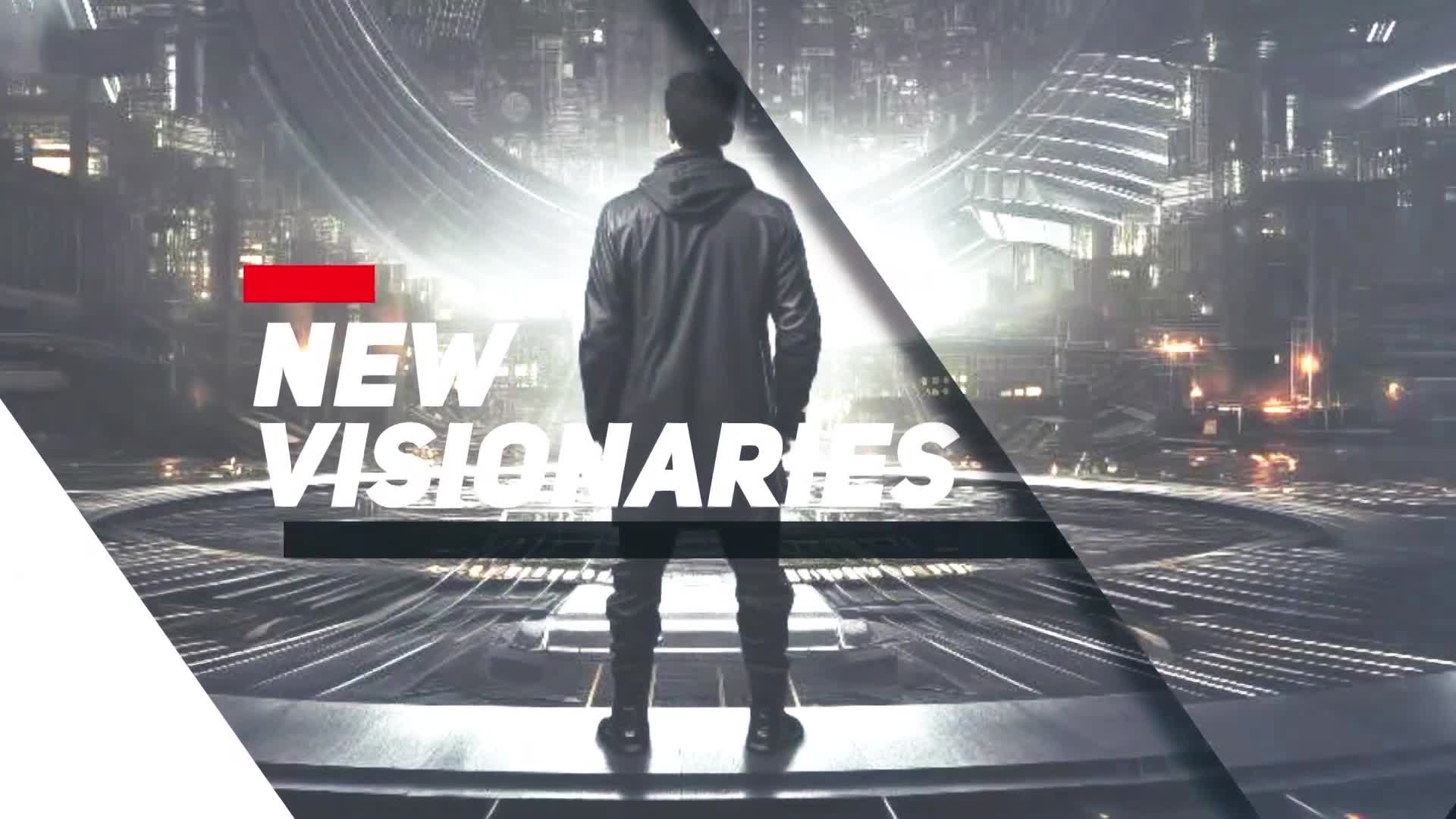 A man in a black jacket stands with his back to me, looking out at a futuristic city. The words "NEW VISIONARIES" are superimposed on the image, likely for a Cheddar News segment.

