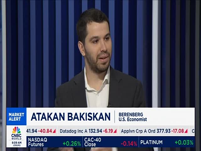 Atakan Bakiskan, a U.S. economist for Berenberg, is speaking on CNBC World. Below him, stock market data and financial tickers scroll across the screen.
