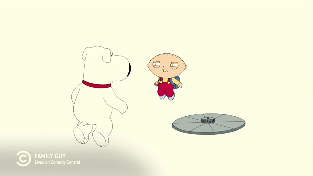 Brian, the dog, walks away from Stewie, who hovers with a look of mild annoyance. A flat, grey disc sits on the ground between them.
