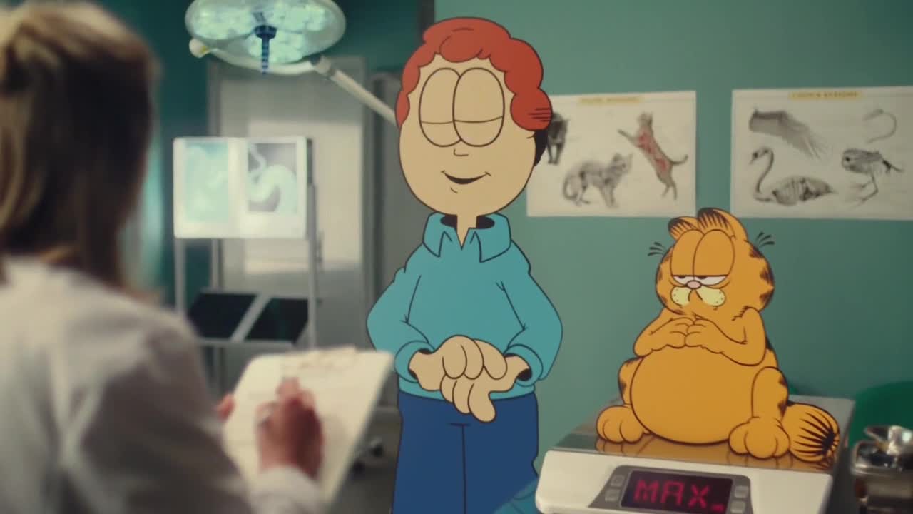 Jon Arbuckle stands with a smile while Garfield sits on a scale, looking glum. A vet, out of focus, holds a clipboard in a brightly lit room.
